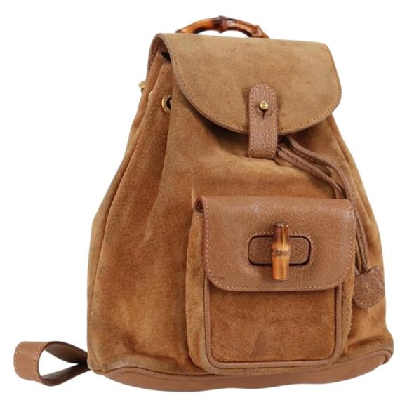 GUCCI Bamboo Backpack Suede Brown Gold 003 - Picture 1 of 16